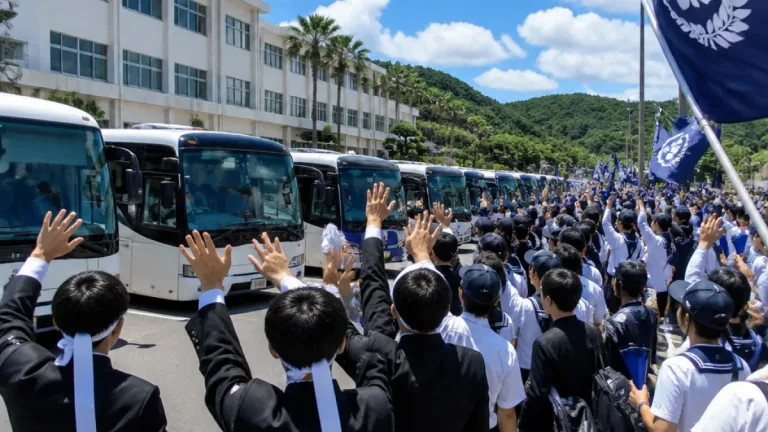 日南学園の応援団約180人、甲子園へ結団出発 あすの初戦に向け気勢