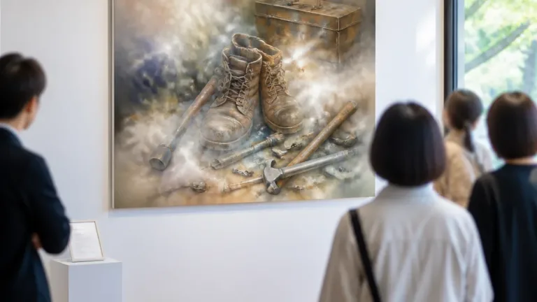 西宮でエアブラシによる幻想絵画展 古道具や愛用ブーツを題材に