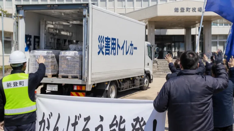能登町の災害用トイレカー 熊本被災地へ出発