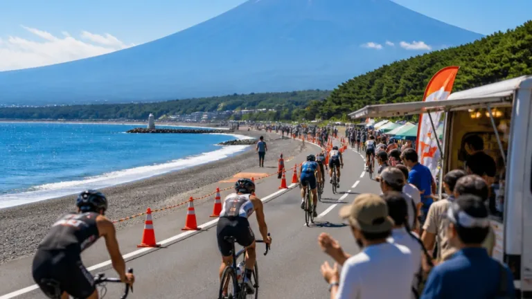 沼津・千本浜でトライアスロン大会 海越しの富士山を望むコース