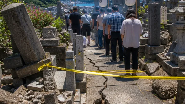 お盆の墓参中、震度5強の揺れ 境港の墓地に一部被害確認、参拝者に注意呼び掛け