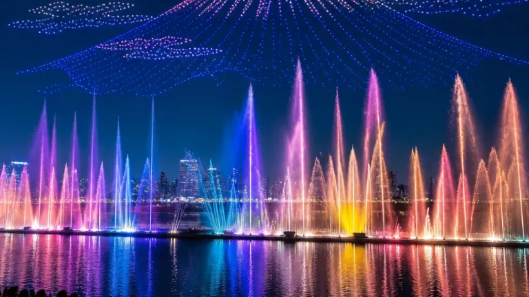 夜空に絵を描く技術が話題に 川崎近郊でも注目集めたお台場の噴水とドローン