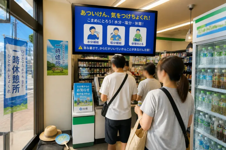 大分弁で呼び掛け コンビニ連携の熱中症対策が県内で本格展開