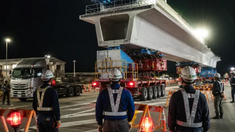 下郡バイパスをまたぐ橋桁を夜間架設、下郡工区の工事が前進