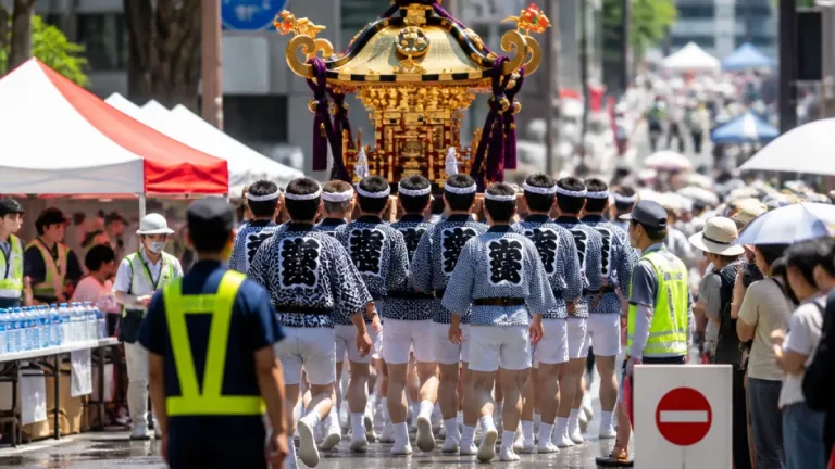 大分市で若宮八幡社の夏祭り 猛暑の中、神輿が市街地を巡行