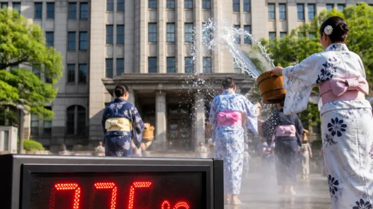 岡山市で今季県内最高の37.6℃ 市役所が浴衣で打ち水する光景も