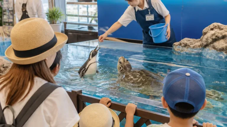 岡山・天満屋で人気のペンギン給餌「もぐもぐタイム」家族連れで賑わう