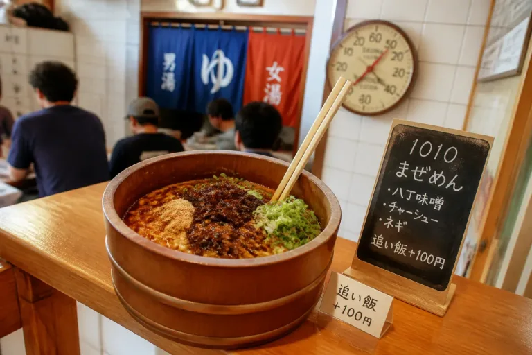 岡崎・銭湯発、風呂桶で提供する「岡崎まぜめん」を開始
