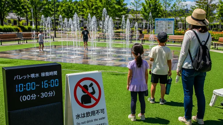岡崎・矢作公園に新設「パレット噴水」 夏の清涼スポットに整備