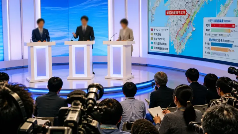 沖縄知事選争点浮上 候補３氏が沖縄タイムスでクロス討論