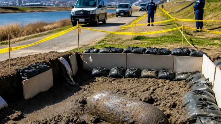 大村の河川敷で発見の不発弾 周辺で立ち入り規制