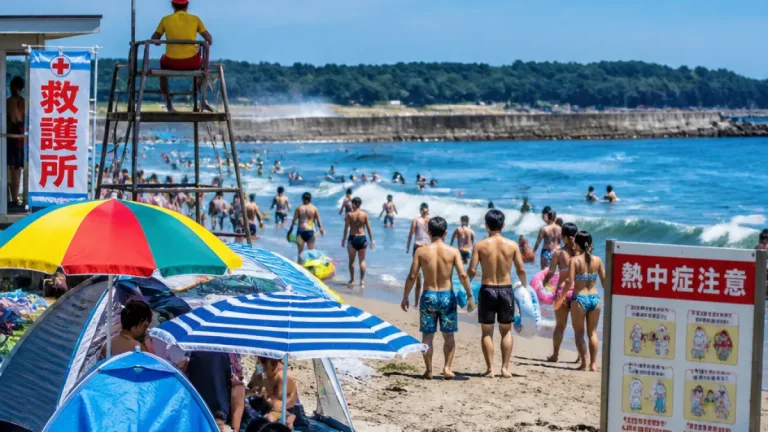 連休最終日、宮城の海水浴場に人出