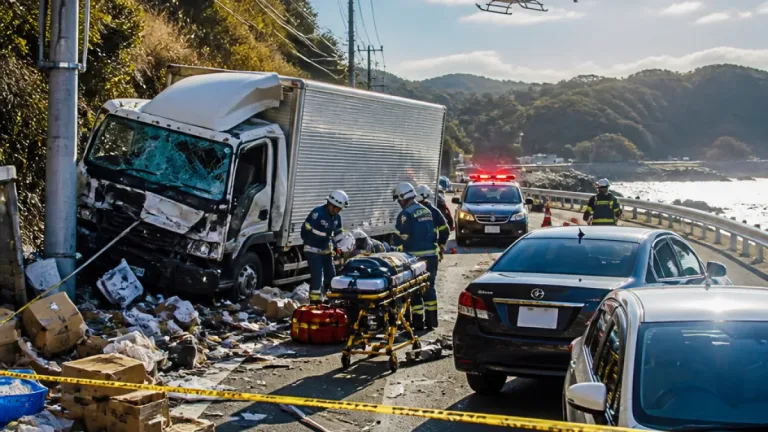国道135号でトラック衝突 運転手重傷、現場は一時規制