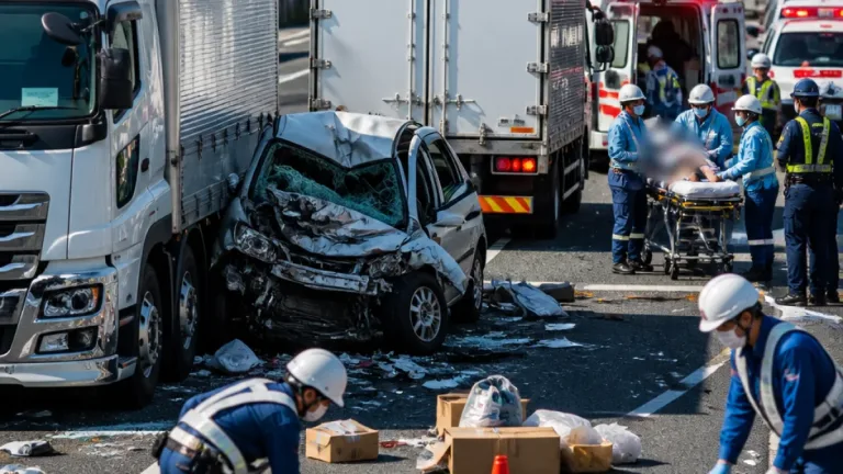 国道2号で大型トラックなど3台絡む玉突き、女性が負傷し救急搬送