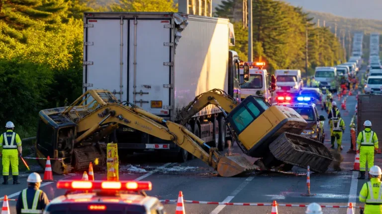 国道4号でトラック積載物が歩道橋に衝突、二台落下し一時通行止め