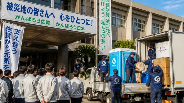 佐賀市職員と県トイレカーが被災地支援へ出発