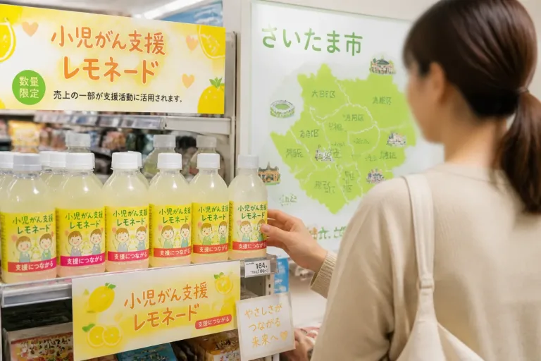 さいたまでデザイン ファミマ数量限定の小児がん支援レモネード発売