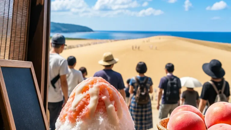 鳥取砂丘そばで味わう県産桃の夏季限定かき氷