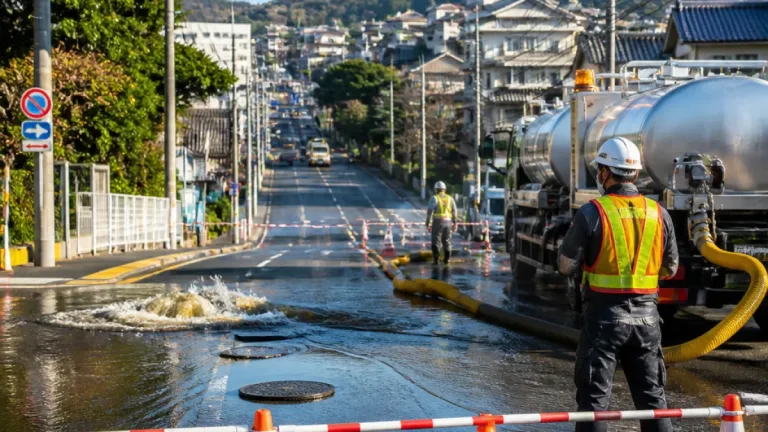 佐世保・国道２０２号で地中水道管破裂 道路冠水で通行規制