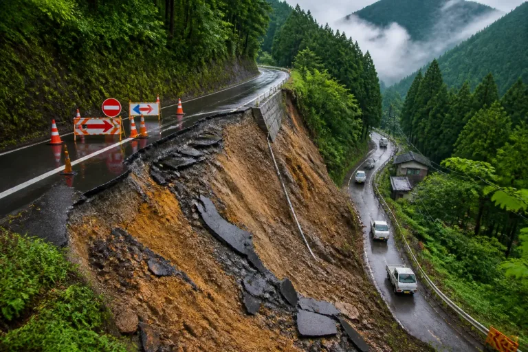 椎葉村の国道265号、路肩崩落で全面通行止め続く