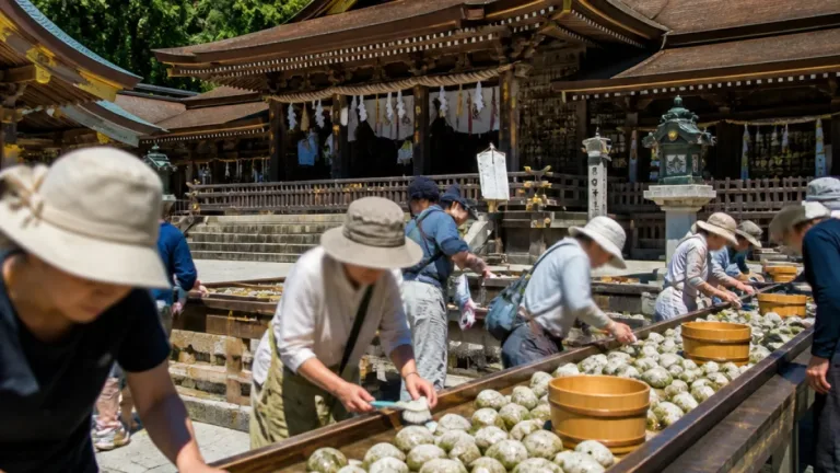 白石磨き、参拝者参加で本殿周辺の美化と保存を図る