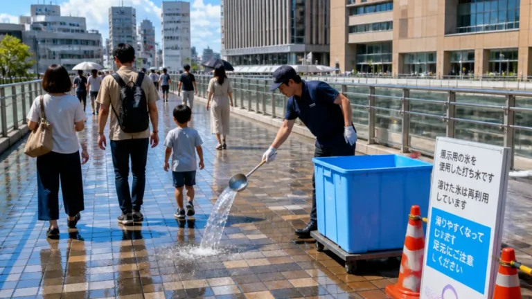 高崎駅前で商業施設3者が連携、氷解水も活用した打ち水で涼感演出