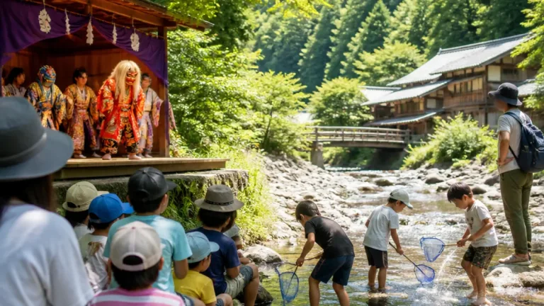高槻市の児童が匹見を訪問 神楽と川遊びで交流