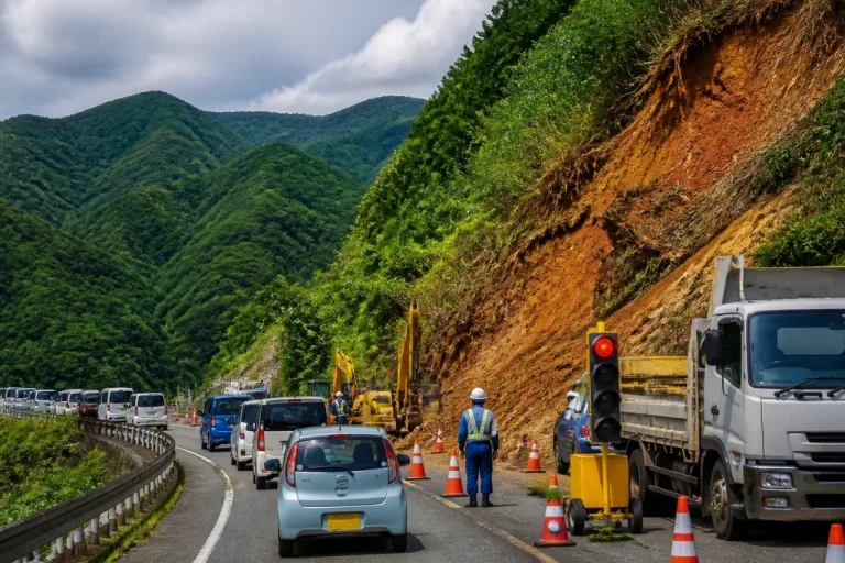 徳島・美馬の国道４９２号、土砂崩れ後に片側交互通行再開