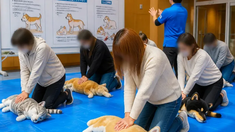 苫小牧でペットの心肺蘇生講習 ぬいぐるみで実践訓練