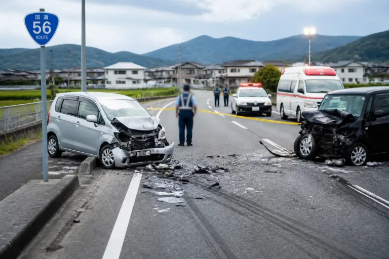 国道56号で軽乗用車が正面衝突、夫婦死亡