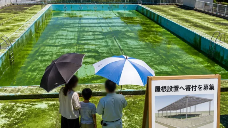 鳥取・かにっこ館の屋外プール大量藻発生 屋根設置へ資金募る