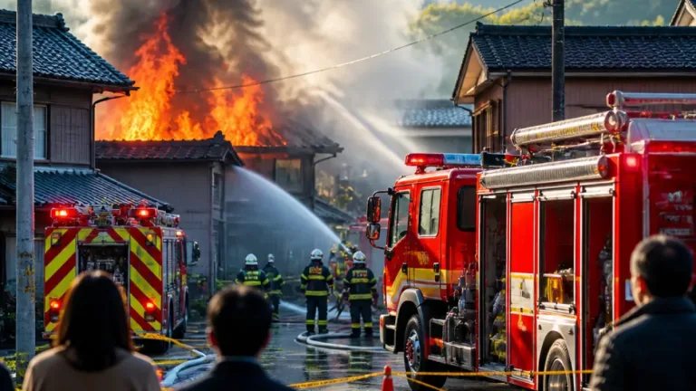鳥取・三朝で建物火災 消火活動続く、周辺住民に注意呼び掛け