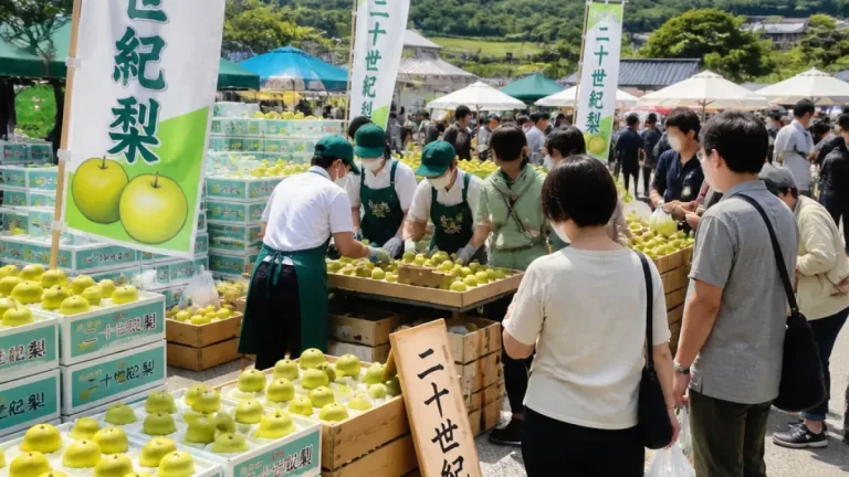 鳥取で旬迎えた二十世紀梨を楽しむ催し 農家の直売と選果実演で賑わい