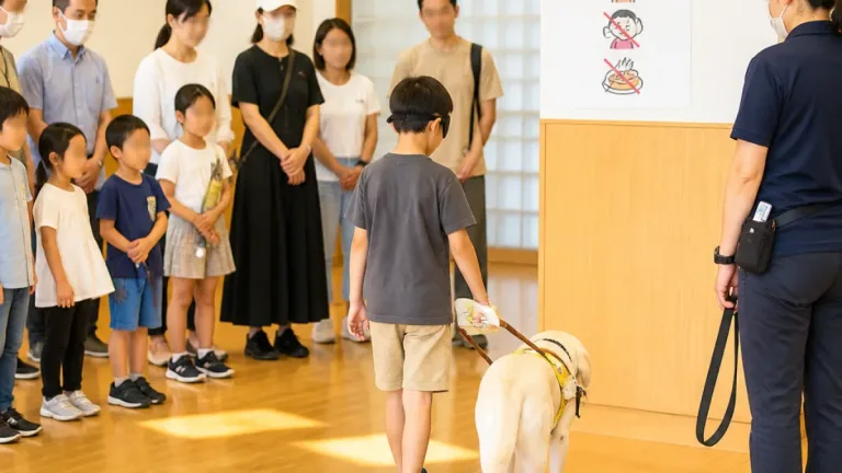 津で盲導犬学習会 子どもと保護者に実演で理解促進