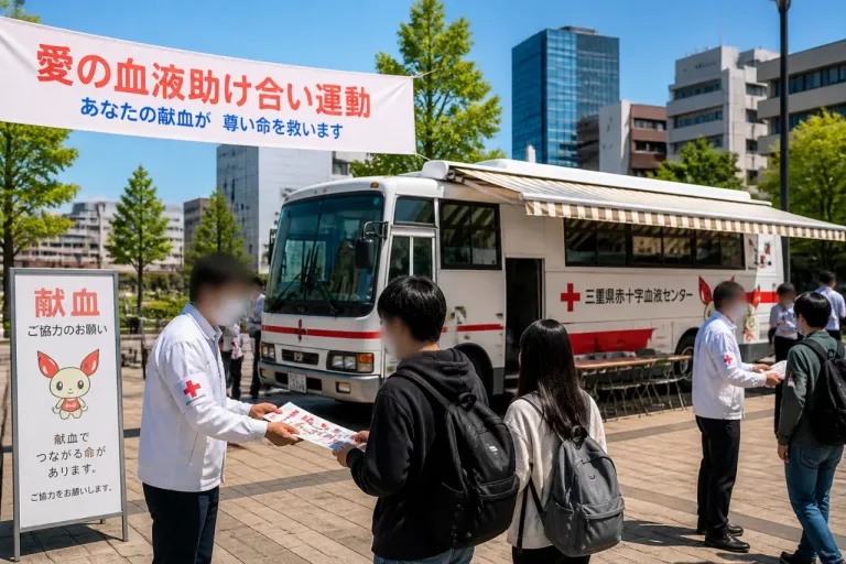 津で献血協力を呼びかけ 愛の血液助け合い運動月間に合わせて