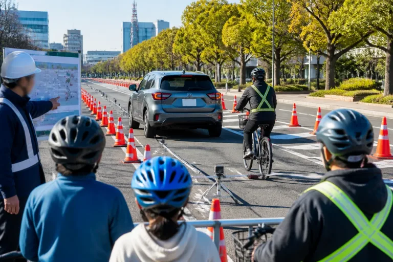 津で「自転車のそばを通る安全な距離」体験会 改正道路交通法の周知を狙う