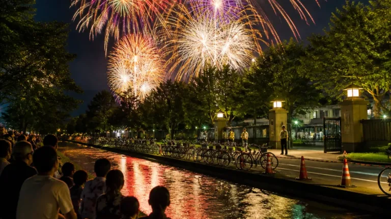 宇治駐屯地の納涼祭で花火、夏の夜空に大輪が開く