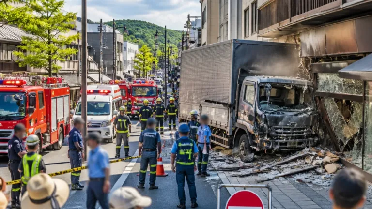 宇治で大型トラックがビルに衝突 運転手が意識不明の重体