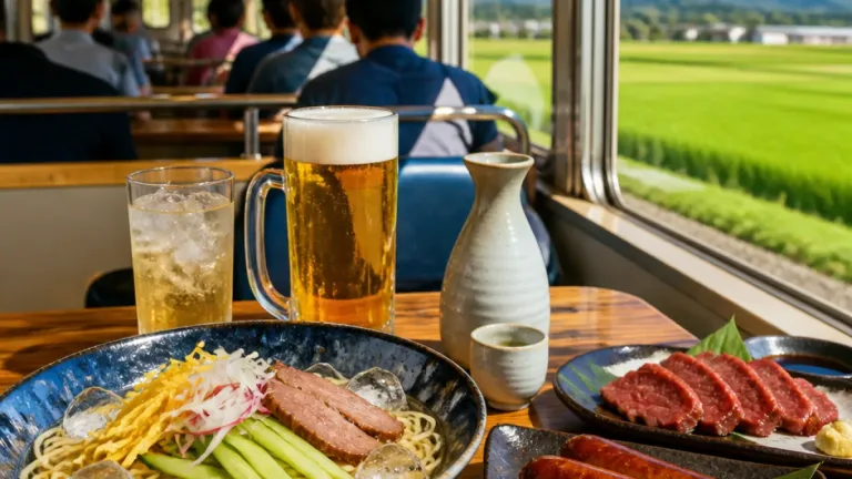 長井で「馬肉列車」運行 冷たいラーメンと地酒で夏の沿線に賑わい