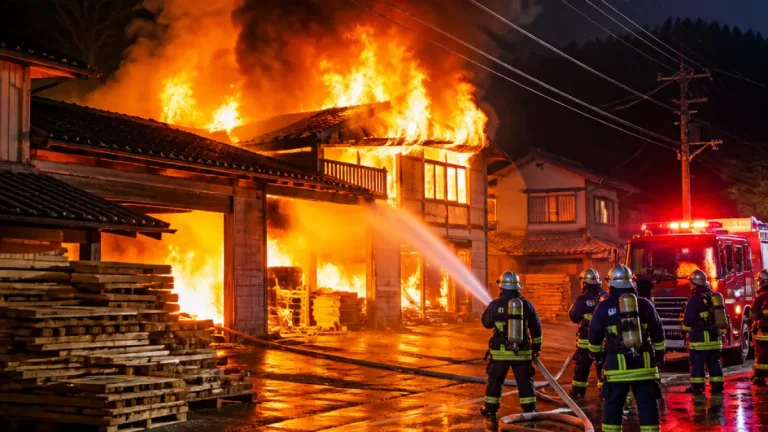 雲南市の木材加工場併設事務所が全焼、夜間の火災でけが人なし