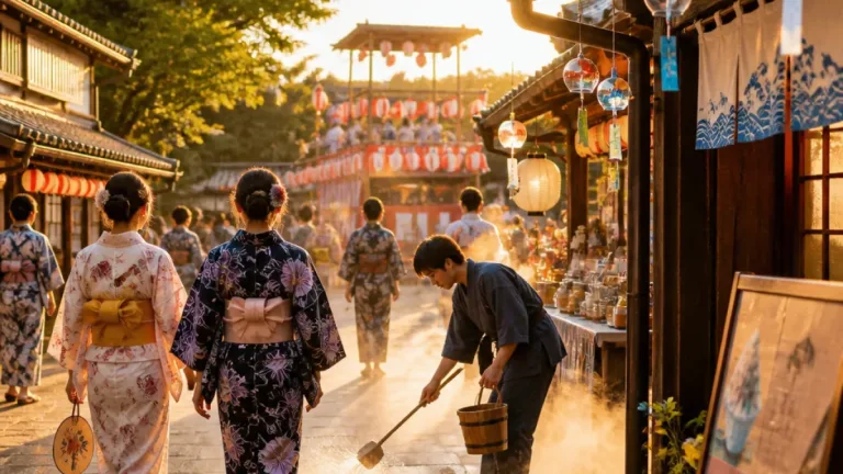 太秦映画村が夏の涼感演出、打ち水ショーと夜の盆踊りで来村を後押し