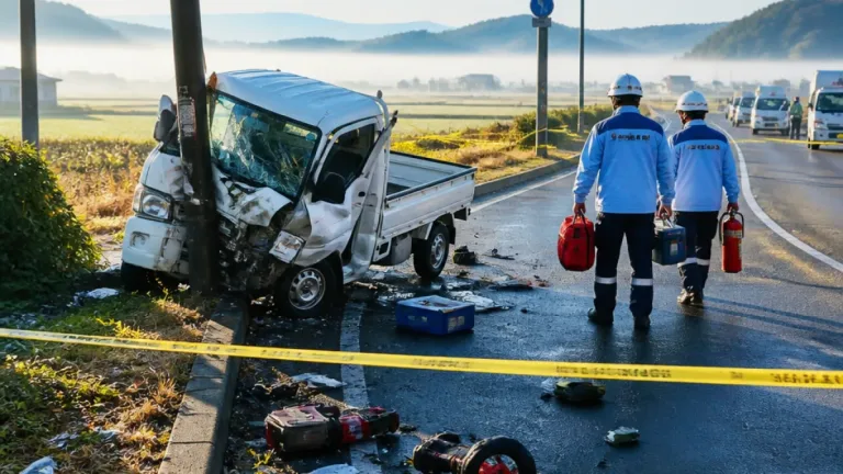 山形・尾花沢で軽トラが街路灯に衝突、女性が意識不明の重体