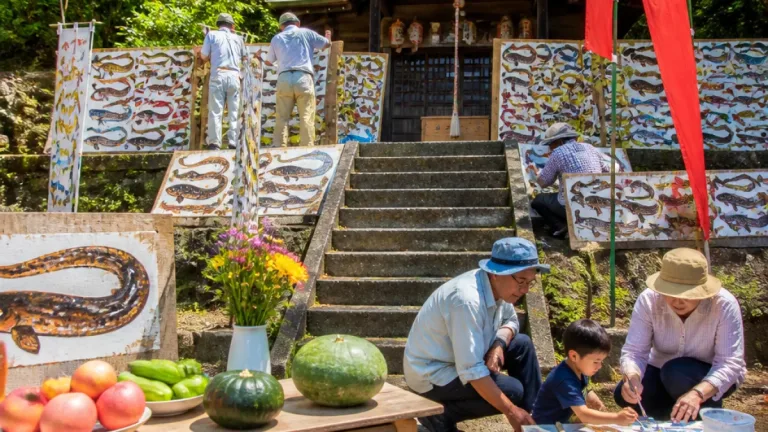 山口・美祢の奇祭「どじょう森様まつり」 場を埋めた奉納絵